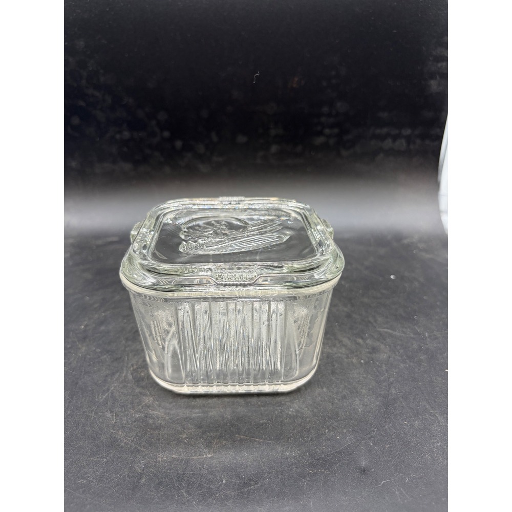 Vintage Clear Ribbed Glass Refrigerator Dish with Embossed Fruit Lid Square